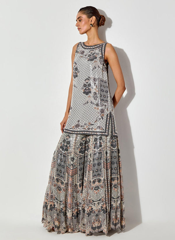 Grey Sequin Printed Sharara Set