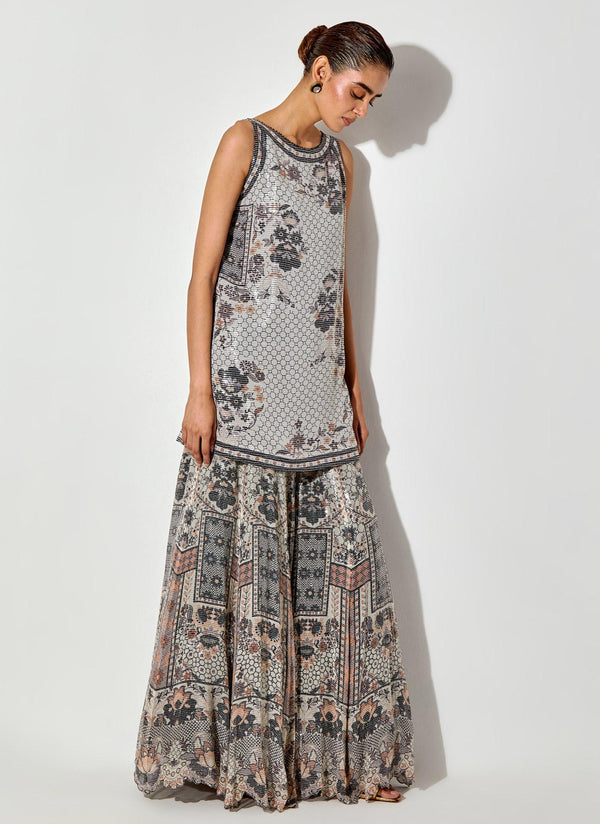 Grey Sequin Printed Sharara Set