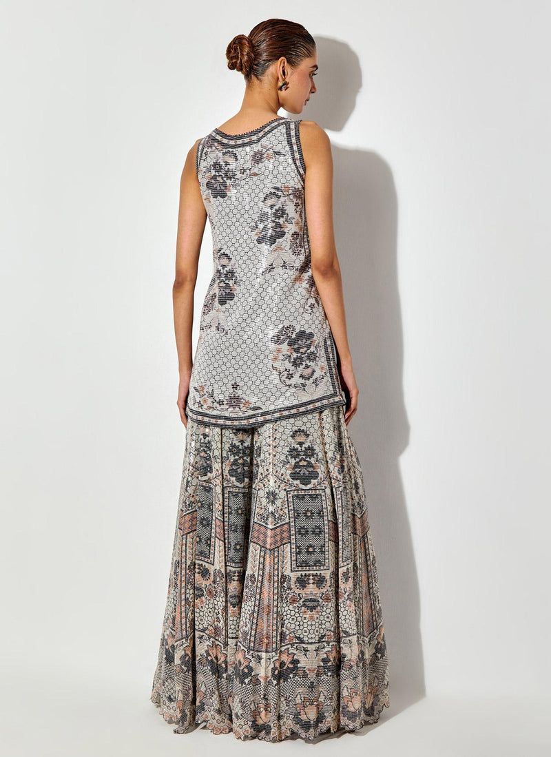 Grey Sequin Printed Sharara Set