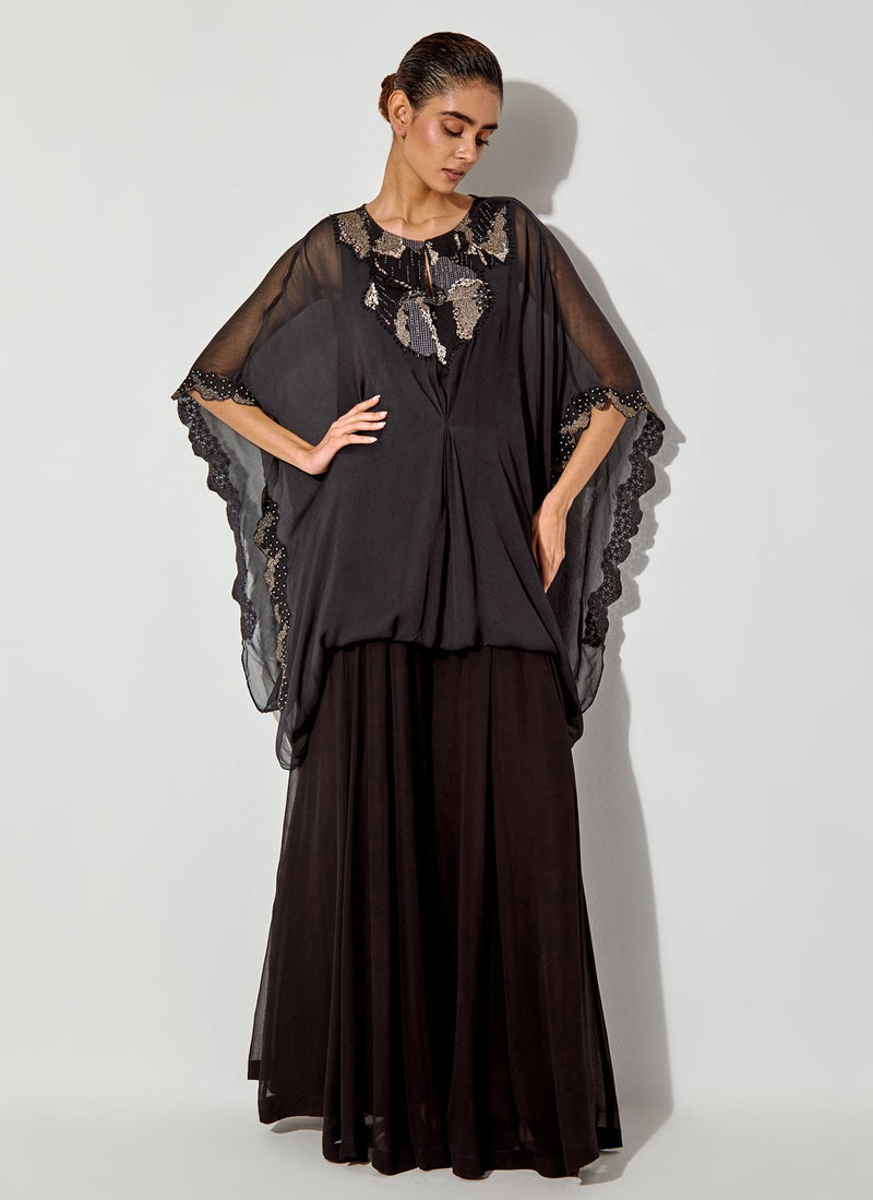 Black Chiffon Kaftan Embellished Top Paired With Panelled Sharara Pants
