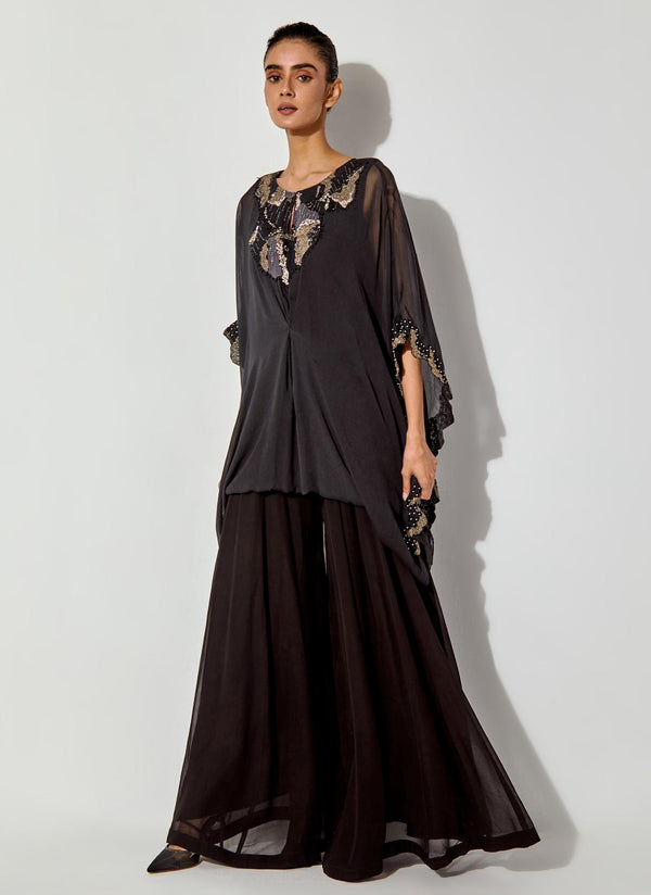 Black Chiffon Kaftan Embellished Top Paired With Panelled Sharara Pants