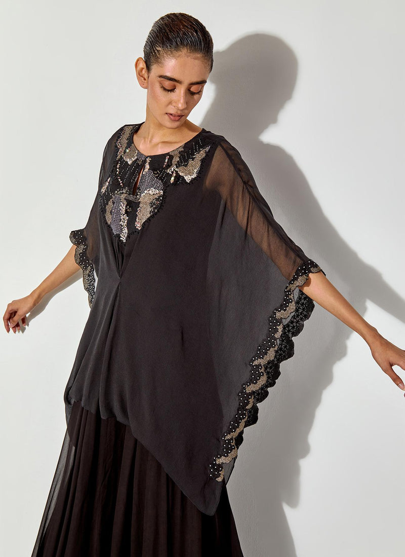 Black Chiffon Kaftan Embellished Top Paired With Panelled Sharara Pants