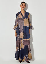 Multicolor Pure Linen Printed Shirt Paired With Crepe Panelled Pants