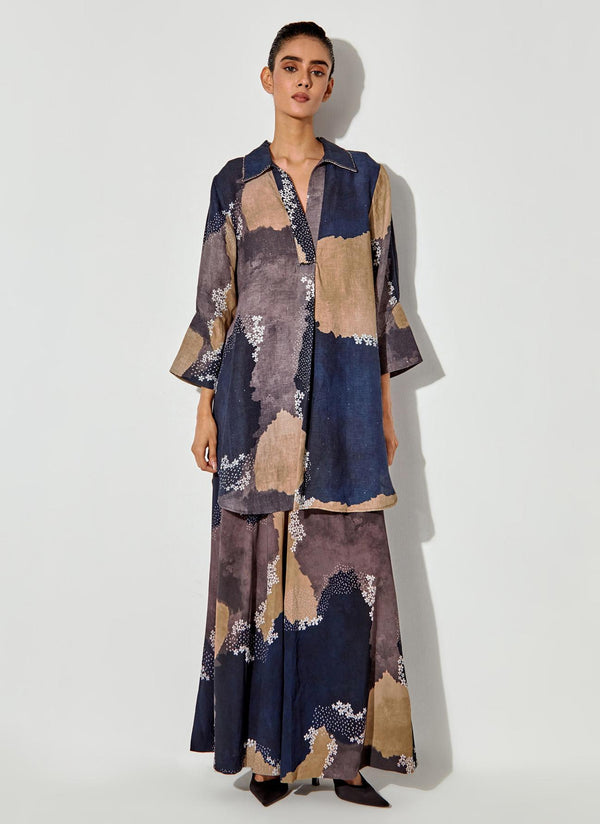 Multicolor Pure Linen Printed Shirt Paired With Crepe Panelled Pants