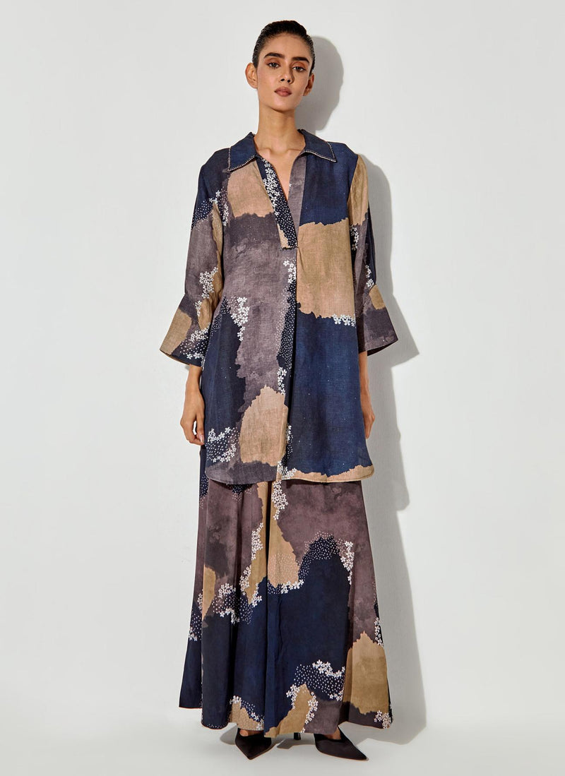 Multicolor Pure Linen Printed Shirt Paired With Crepe Panelled Pants