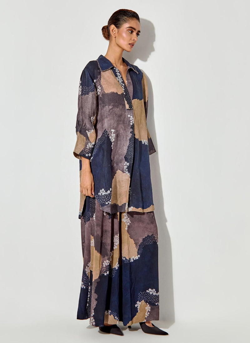 Multicolor Pure Linen Printed Shirt Paired With Crepe Panelled Pants