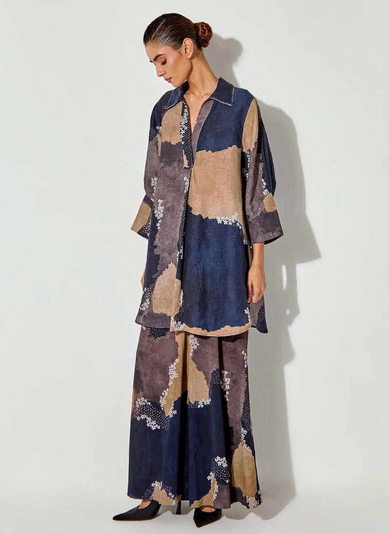 Multicolor Pure Linen Printed Shirt Paired With Crepe Panelled Pants