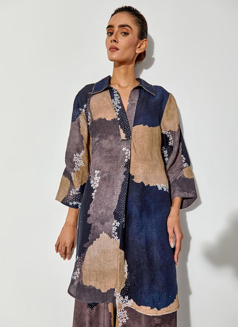 Multicolor Pure Linen Printed Shirt Paired With Crepe Panelled Pants