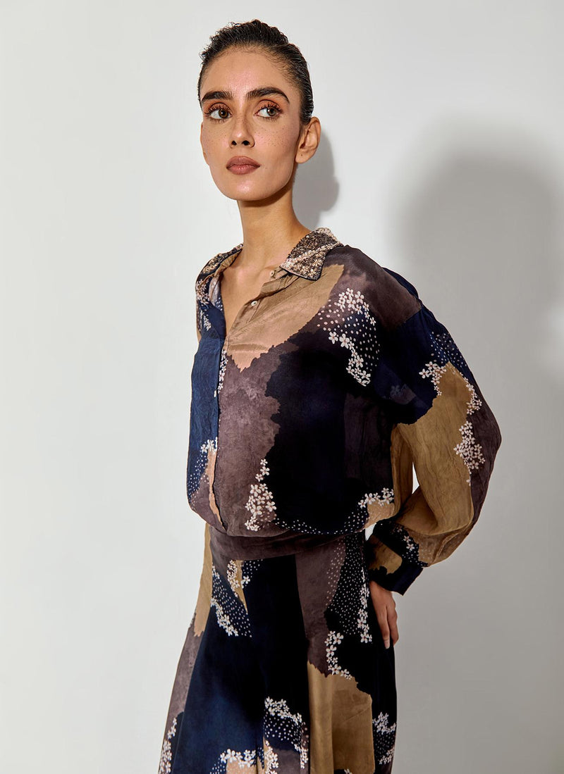 Multicolor Printed Shirt With Embroidered Collar Paired With Crepe Panelled Pants