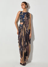 Multicolor Embroidered Halter Blouse Paired With Drape Skirt Saree With Embroidered Belt Detailing