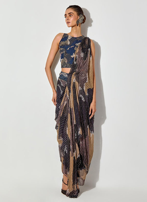 Multicolor Embroidered Halter Blouse Paired With Drape Skirt Saree With Embroidered Belt Detailing