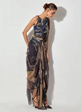 Multicolor Embroidered Halter Blouse Paired With Drape Skirt Saree With Embroidered Belt Detailing