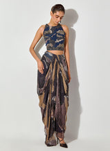 Multicolor Embroidered Halter Blouse Paired With Drape Skirt Saree With Embroidered Belt Detailing
