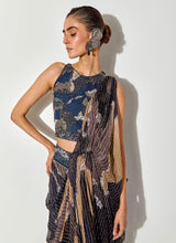 Multicolor Embroidered Halter Blouse Paired With Drape Skirt Saree With Embroidered Belt Detailing