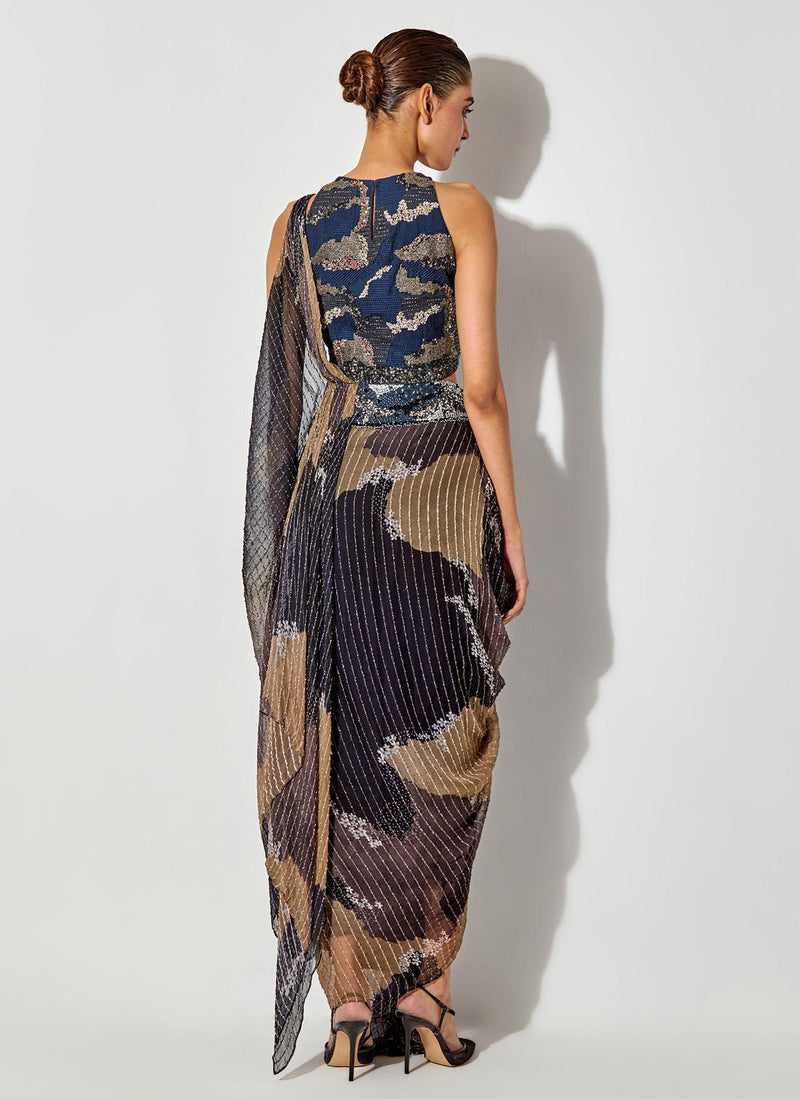 Multicolor Embroidered Halter Blouse Paired With Drape Skirt Saree With Embroidered Belt Detailing