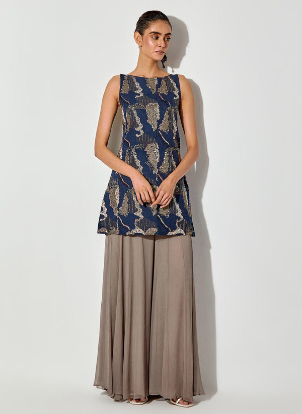 Blue/ Grey Embroidered Sleeveless Tunic Paired With Chiffon Sharara Pants