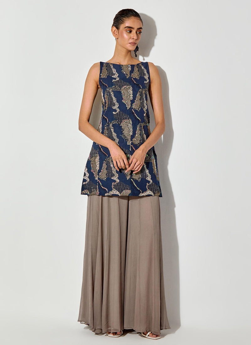 Blue/ Grey Embroidered Sleeveless Tunic Paired With Chiffon Sharara Pants