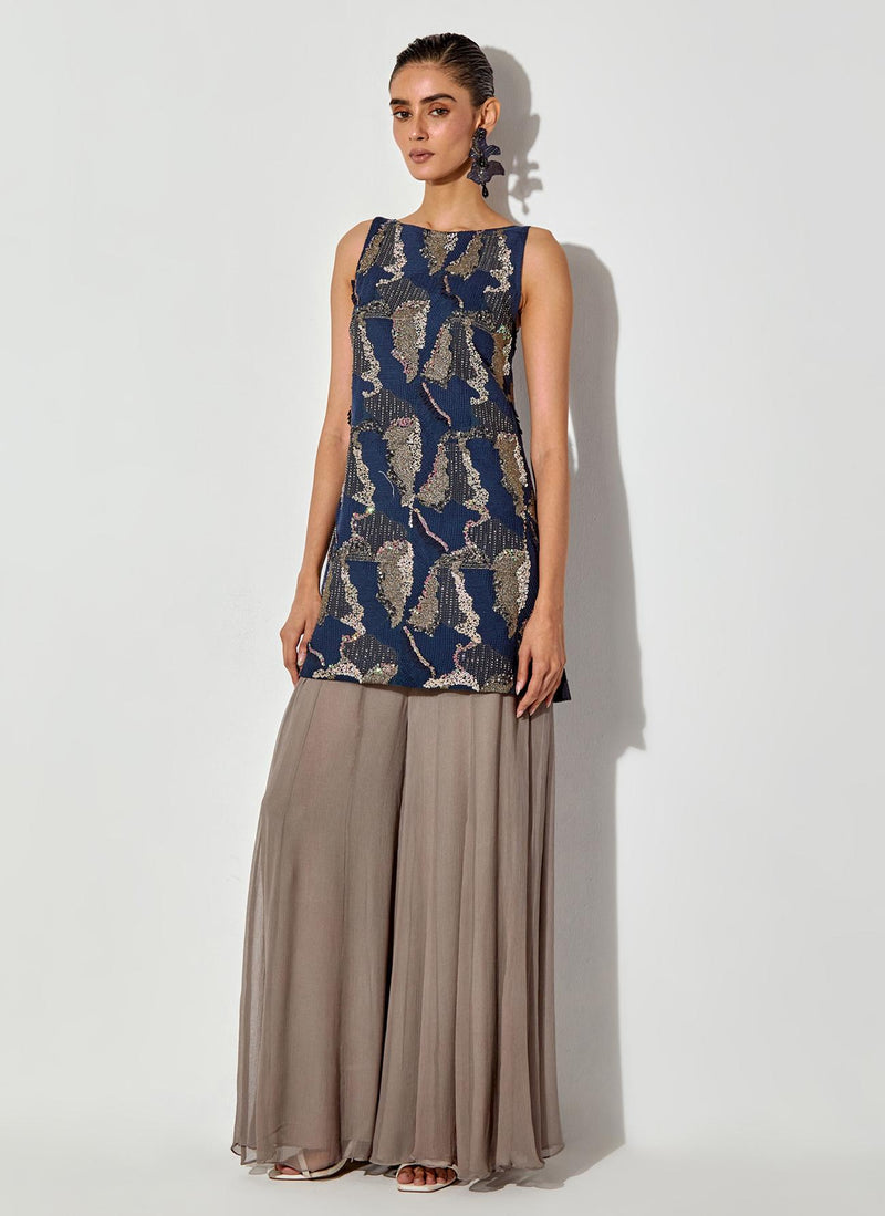 Blue/ Grey Embroidered Sleeveless Tunic Paired With Chiffon Sharara Pants