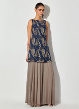 Blue/ Grey Embroidered Sleeveless Tunic Paired With Chiffon Sharara Pants