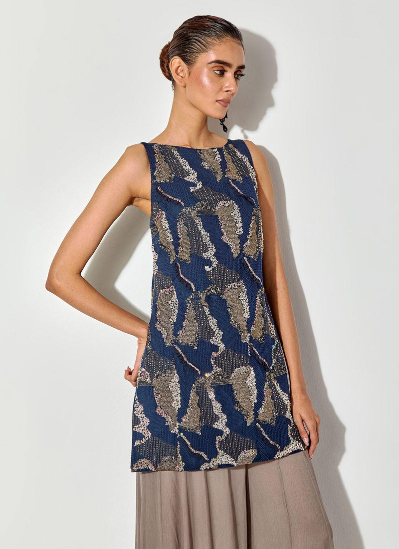 Blue/ Grey Embroidered Sleeveless Tunic Paired With Chiffon Sharara Pants