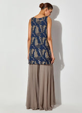 Blue/ Grey Embroidered Sleeveless Tunic Paired With Chiffon Sharara Pants