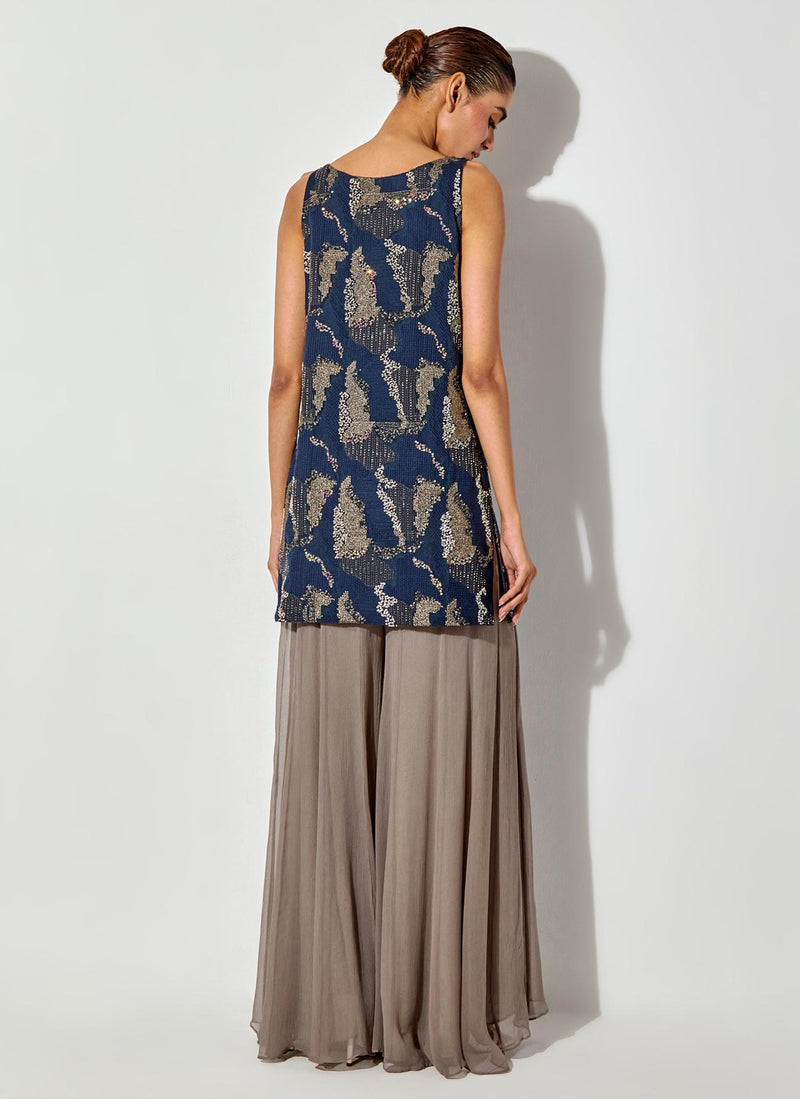 Blue/ Grey Embroidered Sleeveless Tunic Paired With Chiffon Sharara Pants