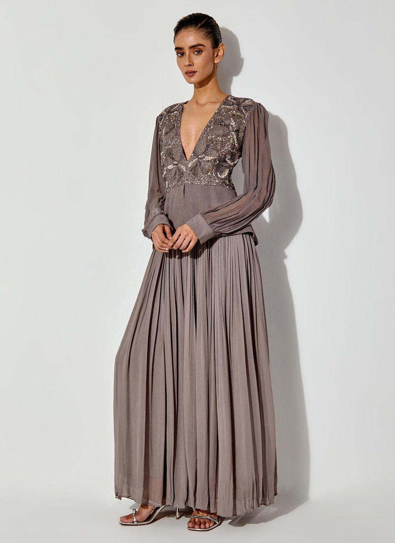 Grey Peplum Embroidered Dress