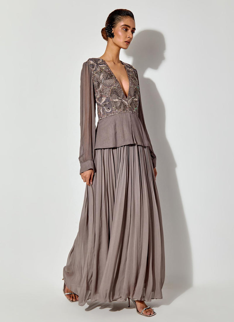 Grey Peplum Embroidered Dress