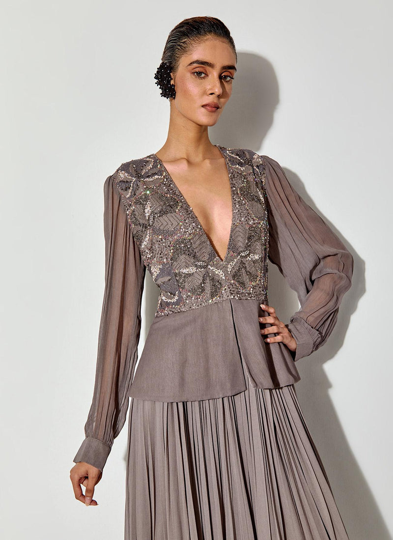 Grey Peplum Embroidered Dress