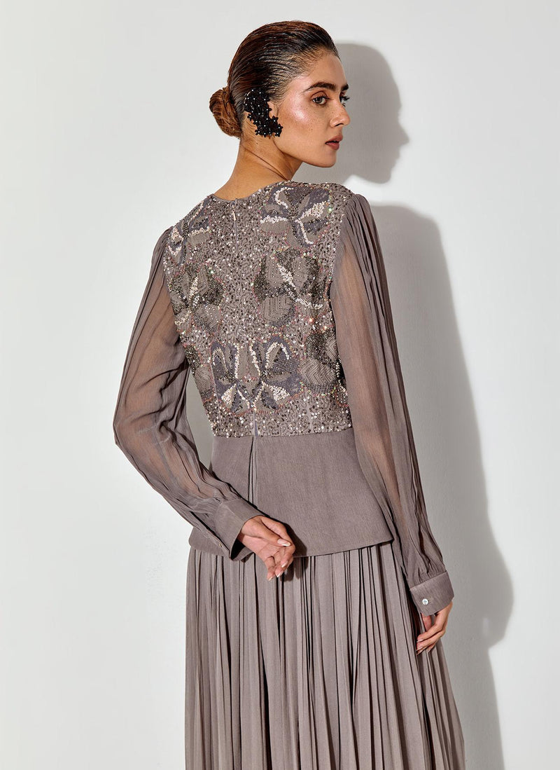 Grey Peplum Embroidered Dress