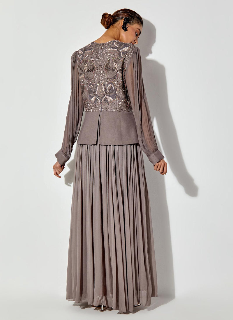 Grey Peplum Embroidered Dress