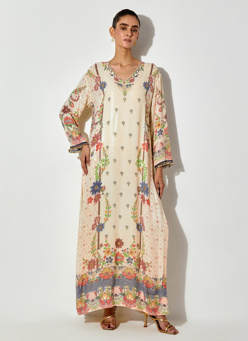 Off White Printed And Sequin Embroidered Tunic Maxi Dress