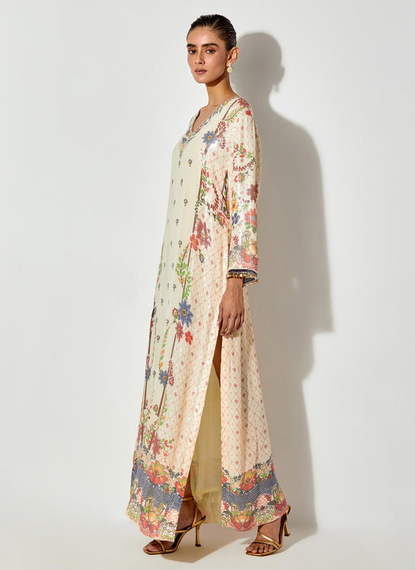 Off White Printed And Sequin Embroidered Tunic Maxi Dress