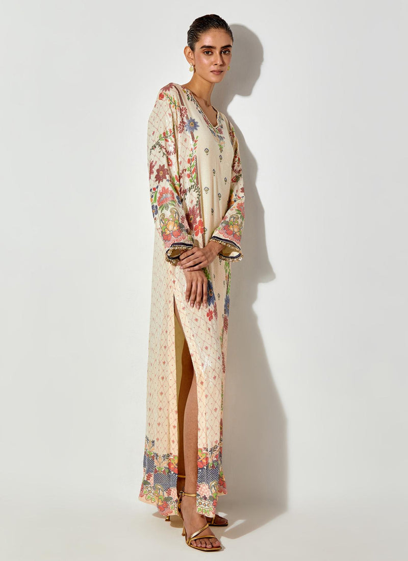 Off White Printed And Sequin Embroidered Tunic Maxi Dress