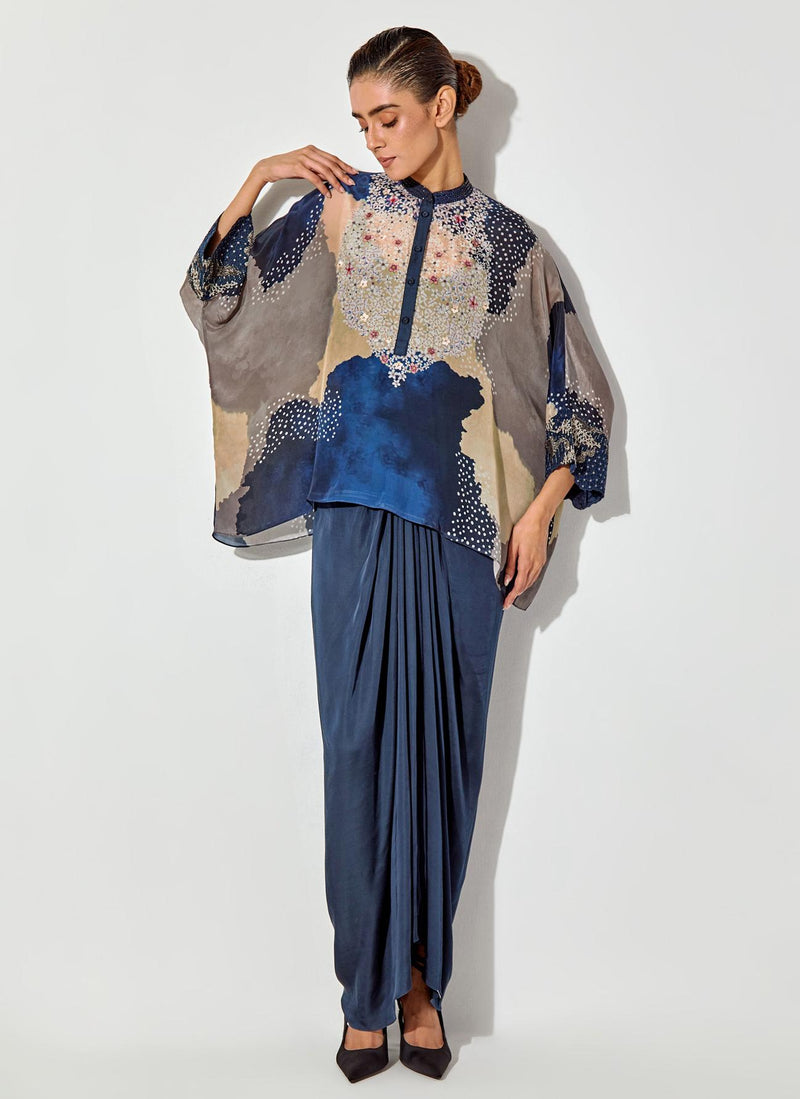 Multicolor Crepe Printed And Embellished Kaftan Top Paired With Satin Drape Skirt