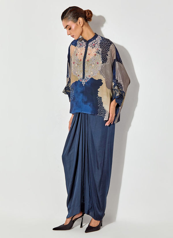 Multicolor Crepe Printed And Embellished Kaftan Top Paired With Satin Drape Skirt