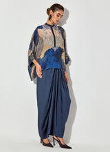 Multicolor Crepe Printed And Embellished Kaftan Top Paired With Satin Drape Skirt