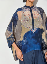 Multicolor Crepe Printed And Embellished Kaftan Top Paired With Satin Drape Skirt