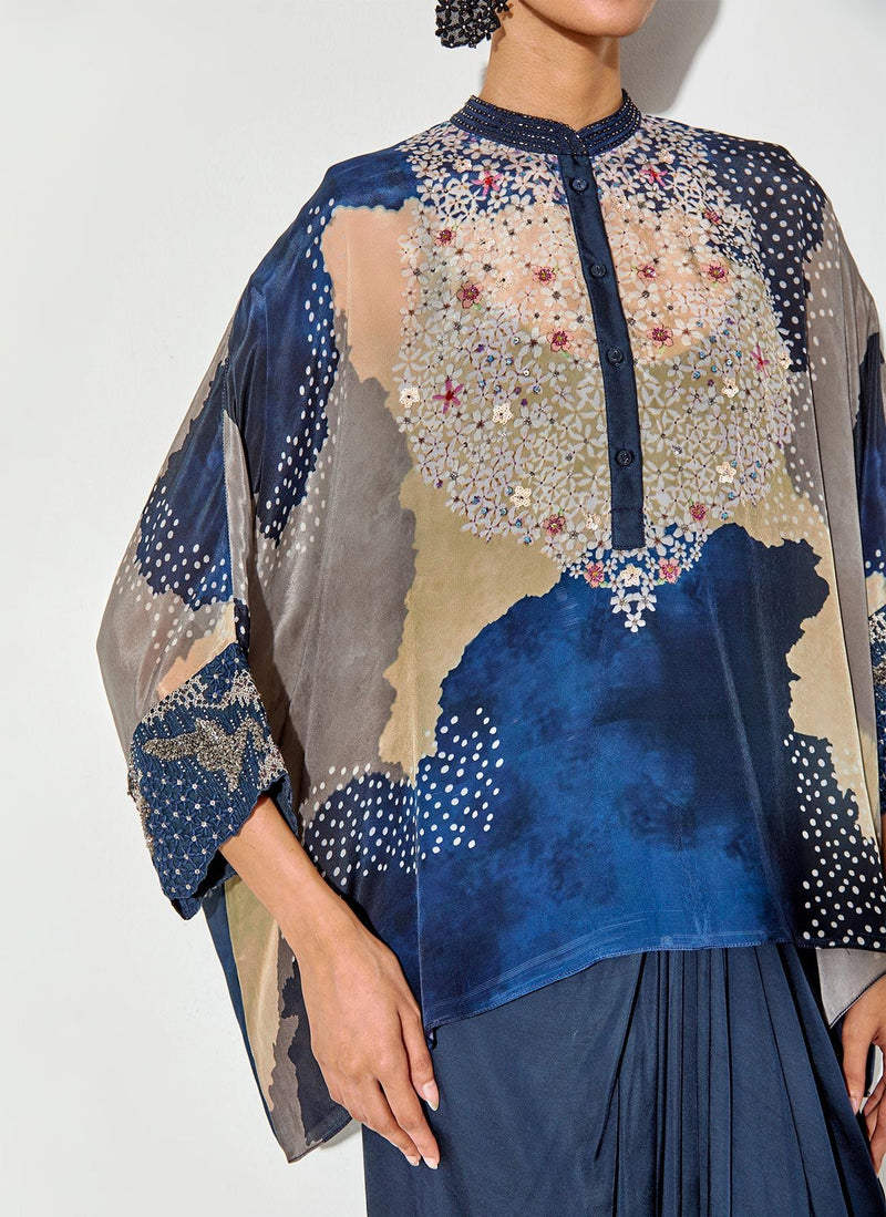 Multicolor Crepe Printed And Embellished Kaftan Top Paired With Satin Drape Skirt