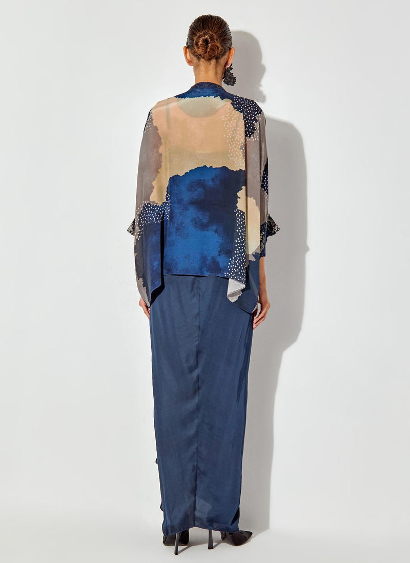 Multicolor Crepe Printed And Embellished Kaftan Top Paired With Satin Drape Skirt