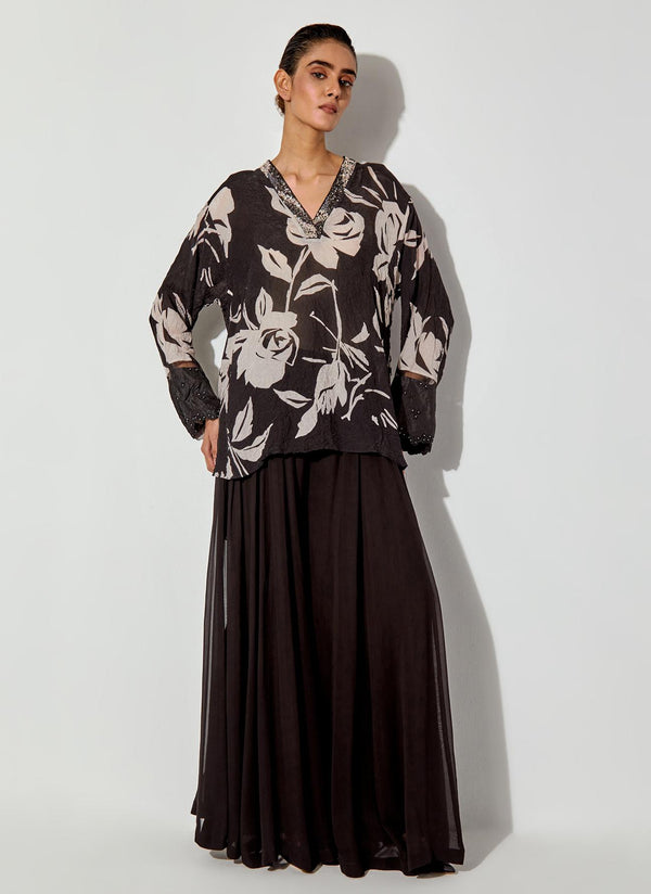 Black Silk Printed Shirt With Neck And Cuff Detailing Paired With Georgette Panelled Sharara Pants