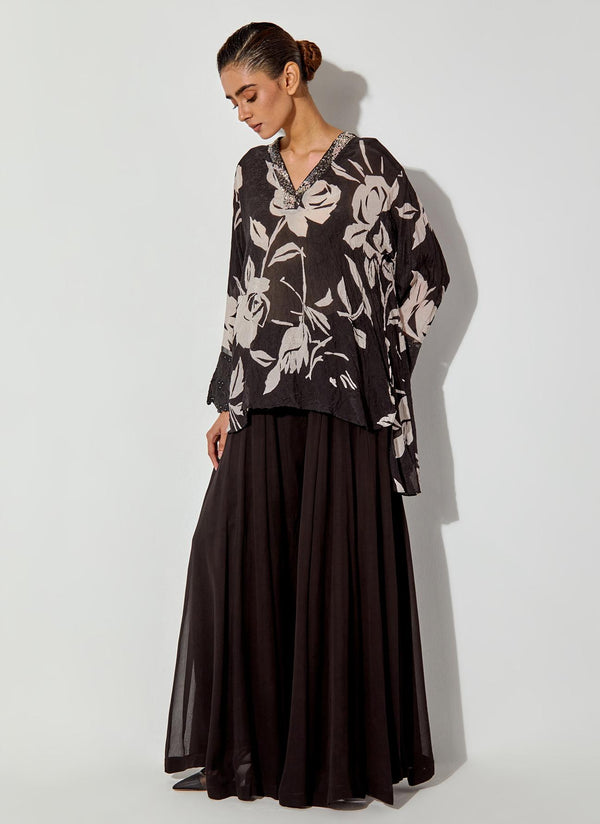 Black Silk Printed Shirt With Neck And Cuff Detailing Paired With Georgette Panelled Sharara Pants
