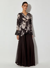 Black Silk Printed Shirt With Neck And Cuff Detailing Paired With Georgette Panelled Sharara Pants