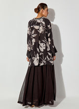 Black Silk Printed Shirt With Neck And Cuff Detailing Paired With Georgette Panelled Sharara Pants