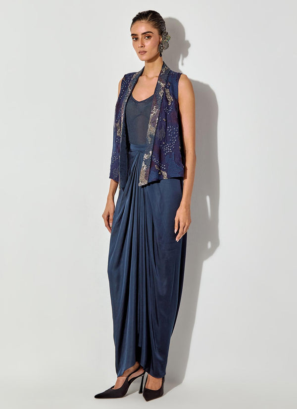 Blue Embroidered Gilet Paired With Crepe Inner And Satin Drape Skirt