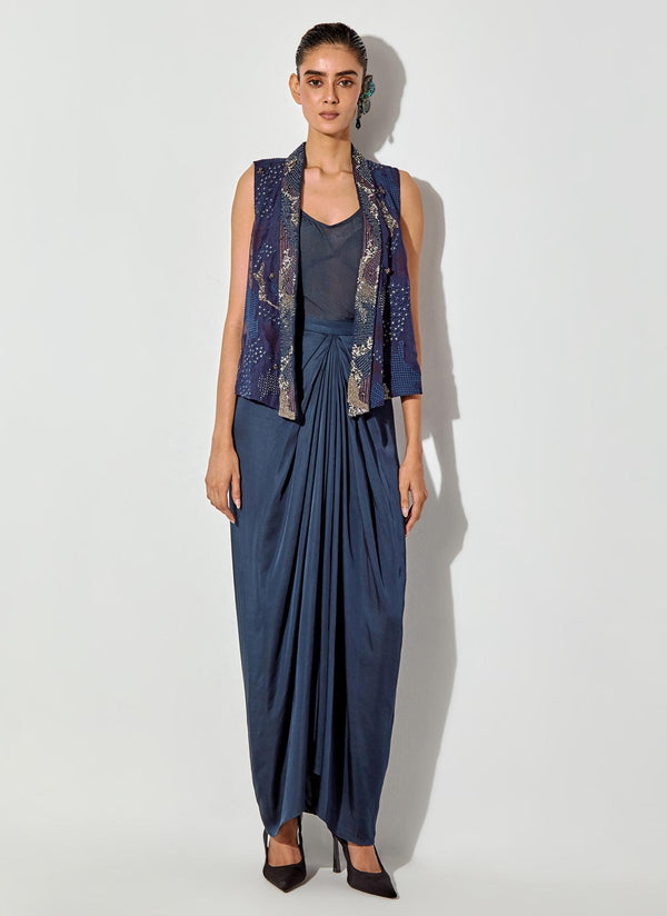 Blue Embroidered Gilet Paired With Crepe Inner And Satin Drape Skirt