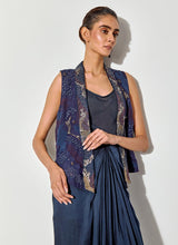 Blue Embroidered Gilet Paired With Crepe Inner And Satin Drape Skirt