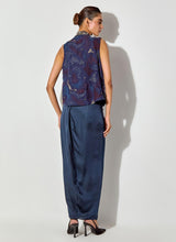 Blue Embroidered Gilet Paired With Crepe Inner And Satin Drape Skirt
