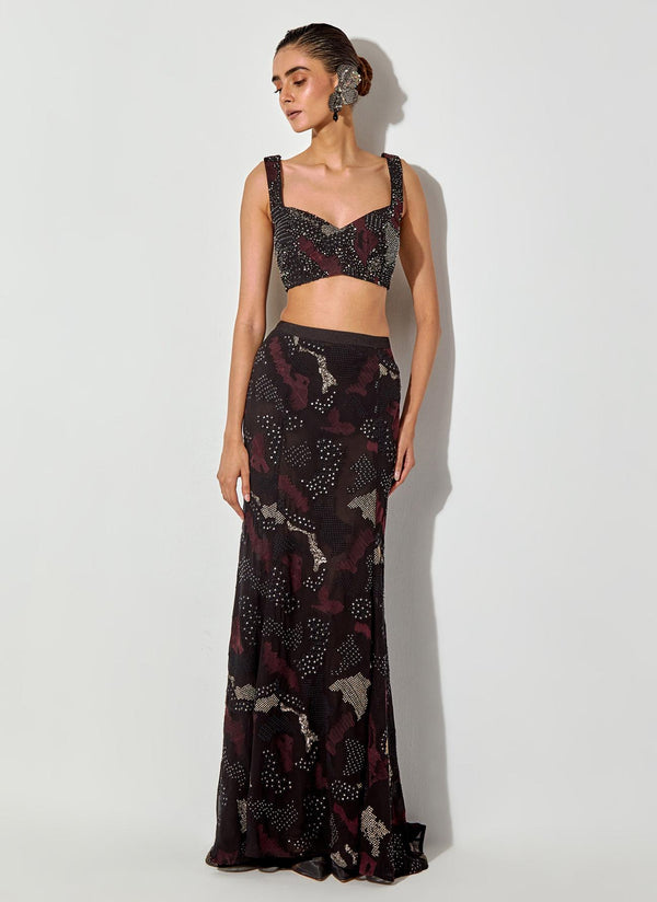 Multicolor Embroidered Skimpy Top Paired Embroidered Mermaid Skirt With Back Trail