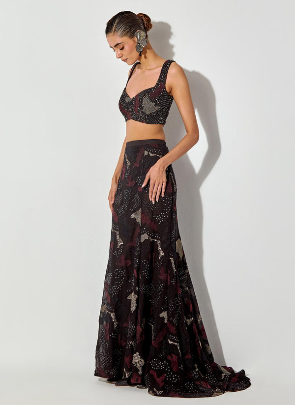 Multicolor Embroidered Skimpy Top Paired Embroidered Mermaid Skirt With Back Trail